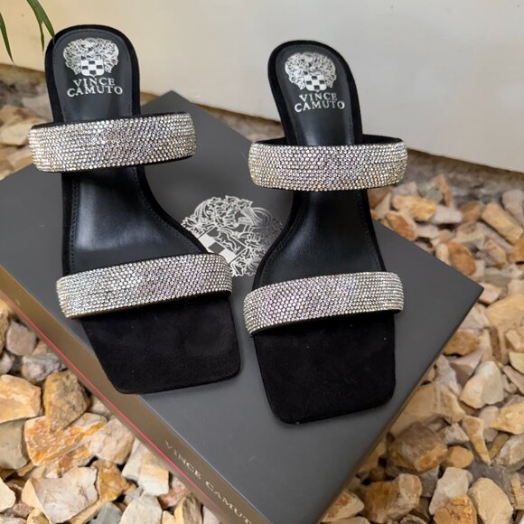 Vince Camuto Aslee Rhinestone Embellished Black & Silver Crystal Dress Sandals - Picture 4 of 11